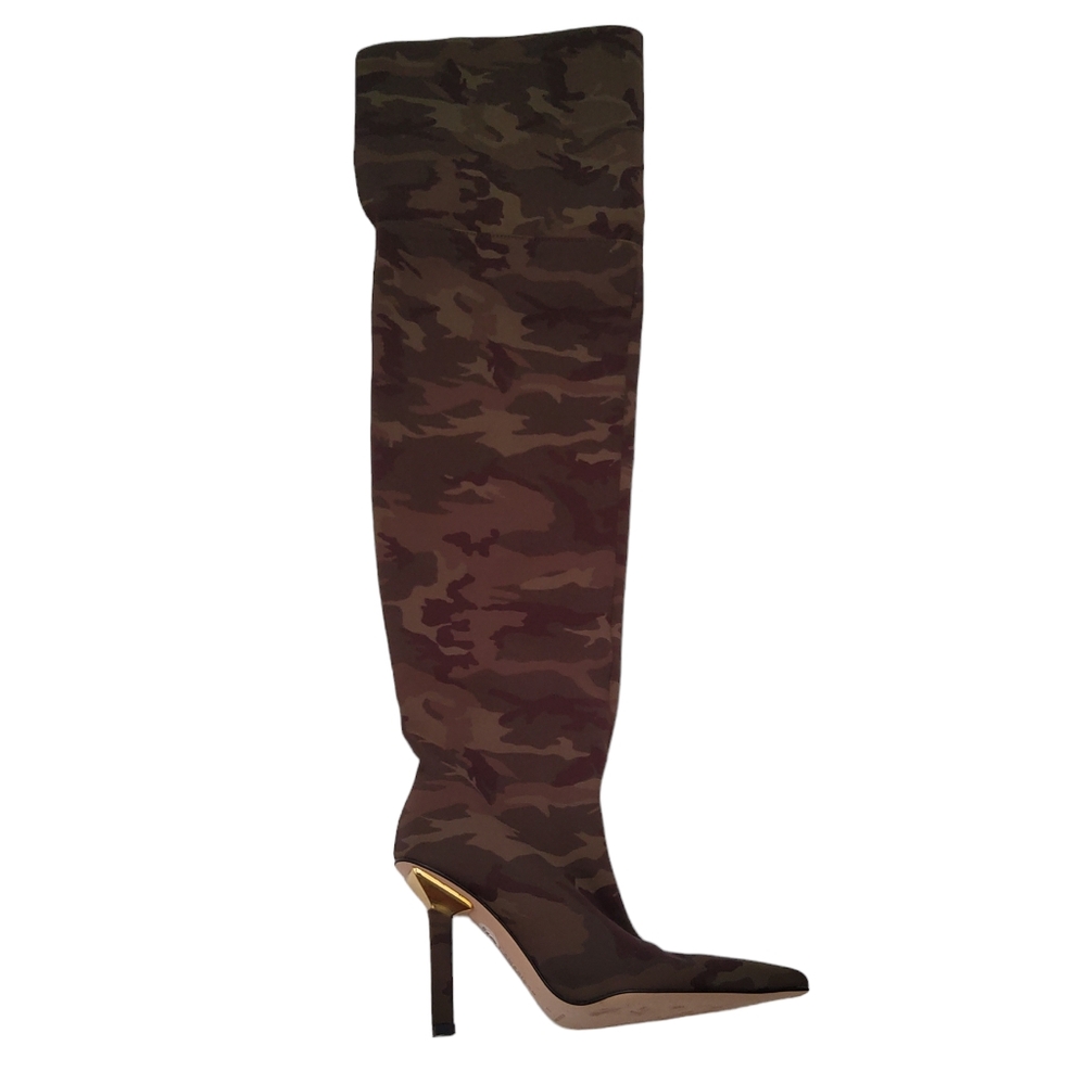 NWOT Good American High Kickstand Camo Neoprene Over The Knee Sherpa Cuff Boots